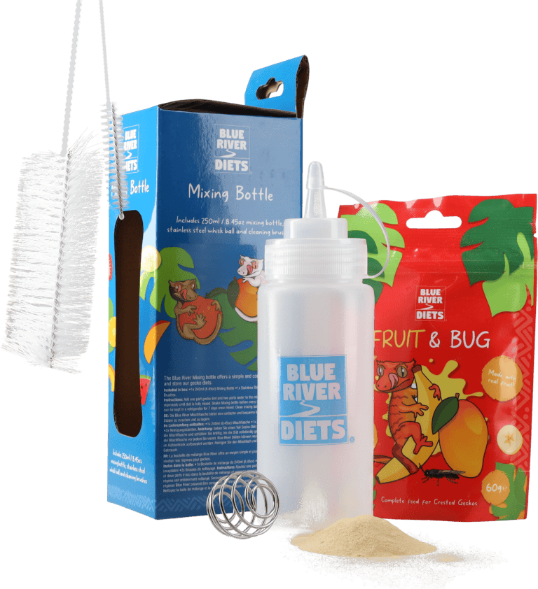 Blue River Diets Mixing Bottle with its box, whisk ball, cleaning brushes and a Fruit & Bug pouch
