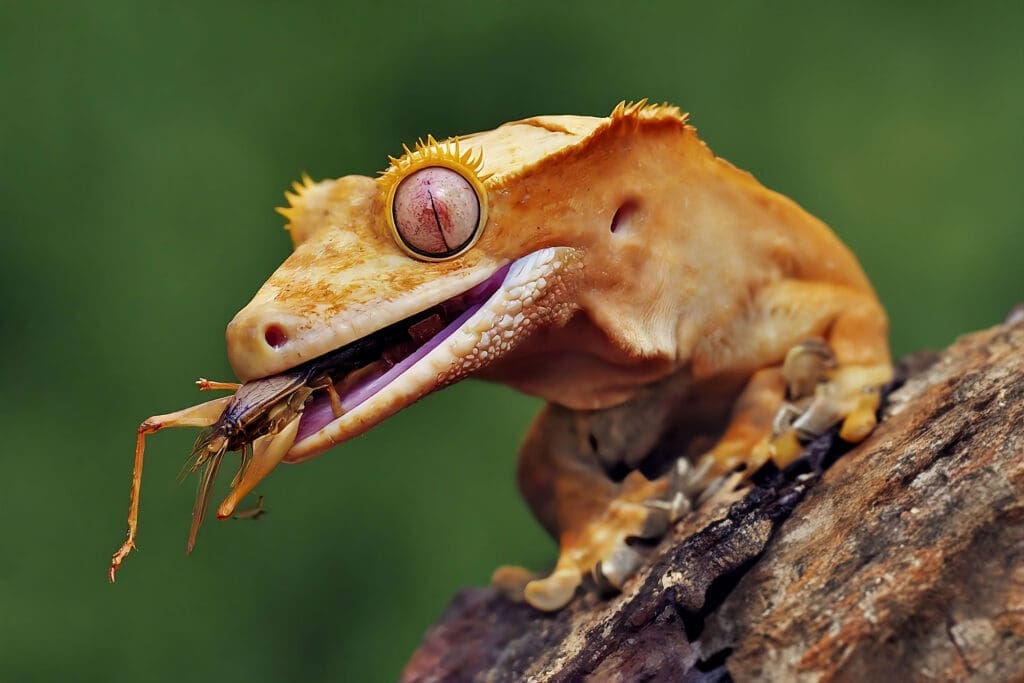 Crested gecko catching a cricket
